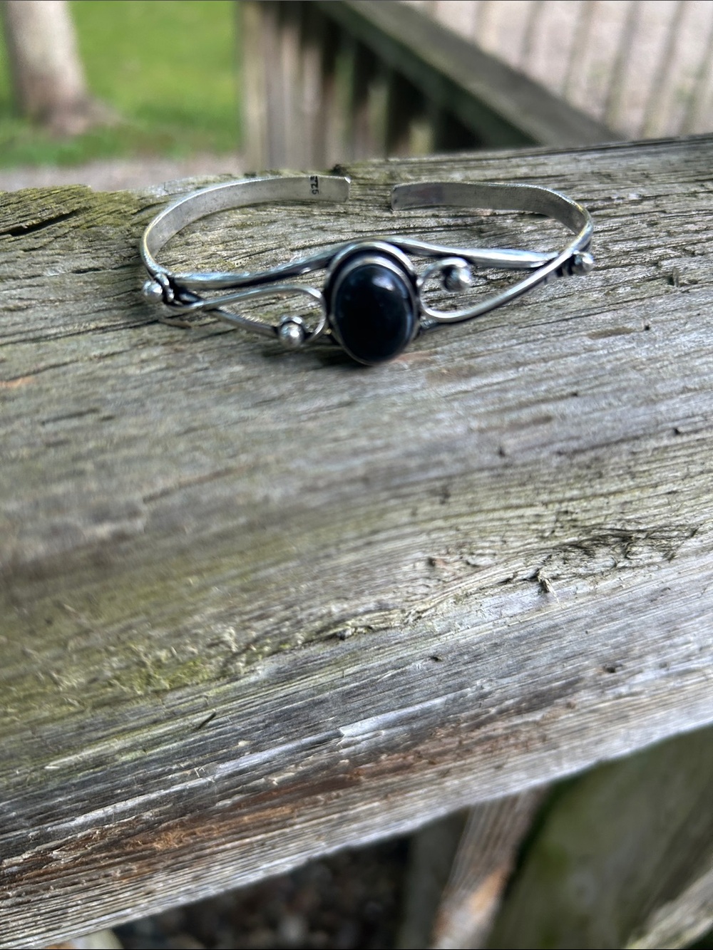 Sterling Silver Black Stone Open Cuff Bracelet